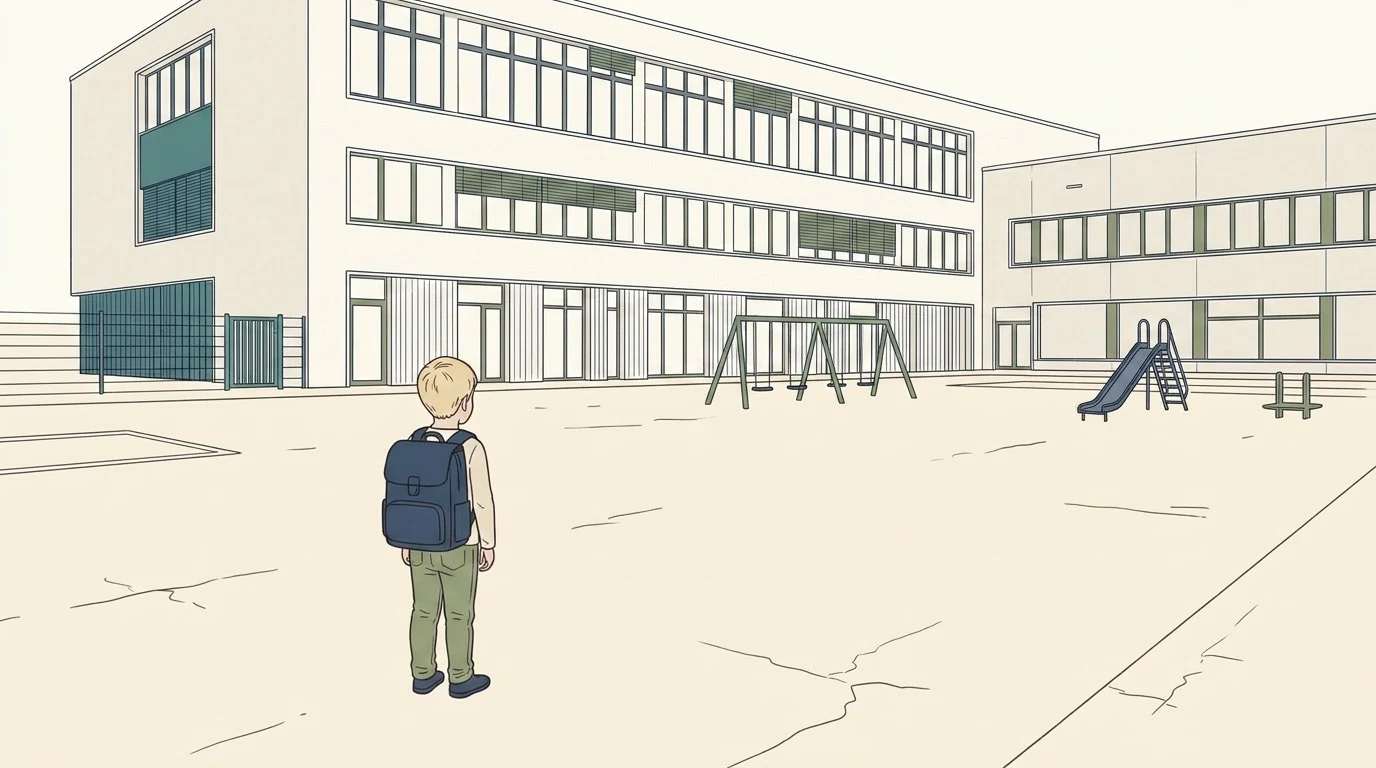Kind mit Schulrucksack steht allein vor einem Schulgebäude