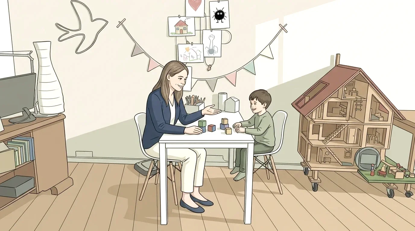 Therapeutin sitzt mit einem Kind an einem Tisch in einem freundlichen Therapiezimmer mit Kinderzeichnungen an der Wand