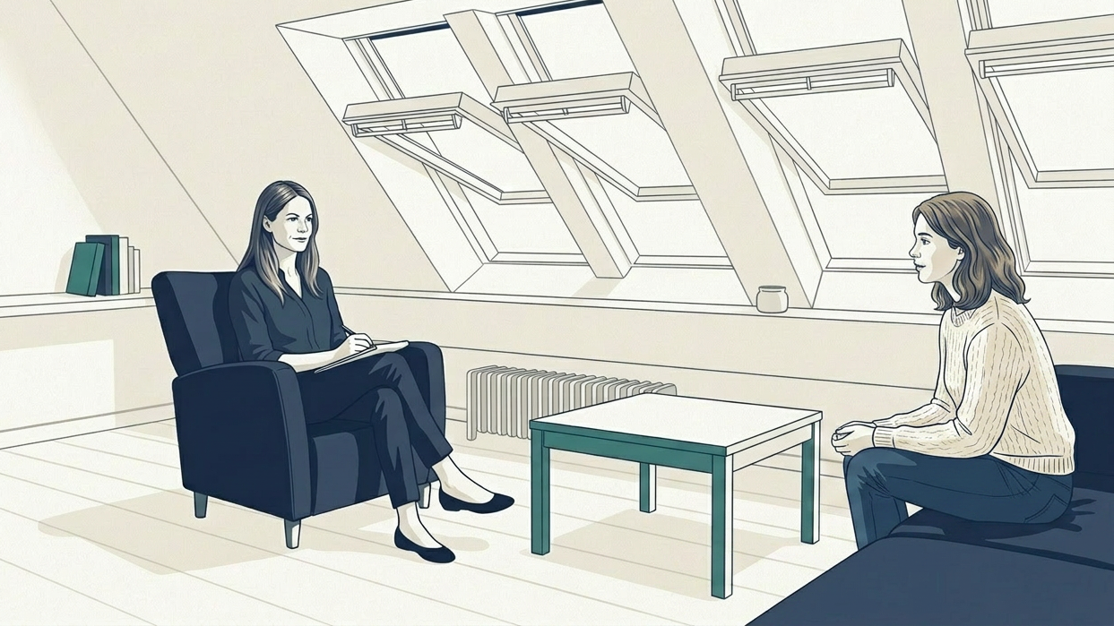 Therapeutin und Jugendliche im Gespräch in einem hellen Dachzimmer