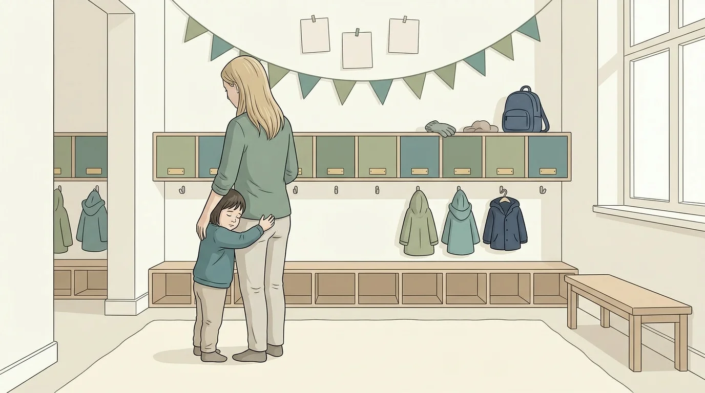 Kind hält die Hand seiner Mutter beim Abschied vor der Schule