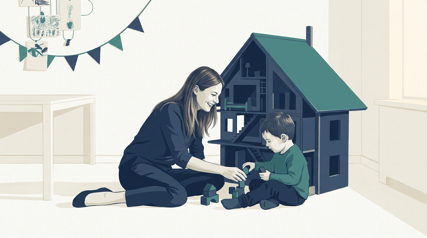 Therapeutin spielt mit Kind an einem Puppenhaus