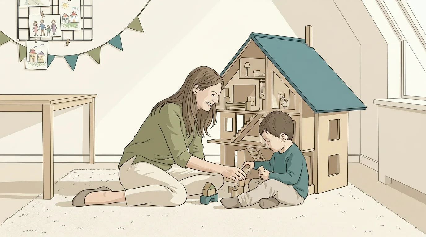 Therapeutin und Kind spielen gemeinsam mit Holzbausteinen und einem Puppenhaus auf dem Boden eines Therapiezimmers
